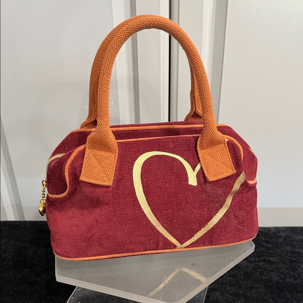 Victoria Secret Burnt Orange Mini Velour Corduroy Fabric Gold Heart Handbag